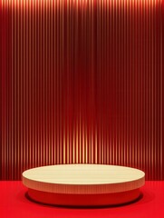vibrant image of Pedestal of platform display with modern stand podium on red room background. Blank Exhibition stage backdrop or empty product shelf. 3D rendering high detail 8k