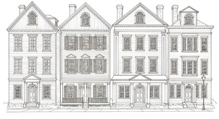 Fototapeta premium Three traditional buildings line drawing