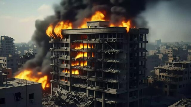 Aftermath of War: Apocalyptic View of Burning Buildings Amidst Dense Smoke in a Shattered Urban Landscape Depicting Destruction and Chaos