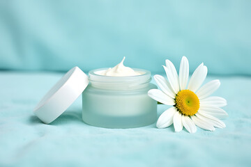 A skincare jar.Cosmetic.P.owder blue velvet background.white daisy.AI-generated