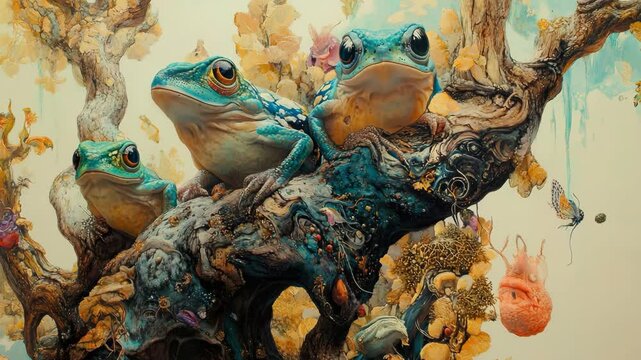 A painting of two frogs sitting on top of a tree