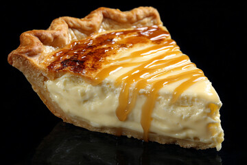 a slice of pie with caramel sauce on top