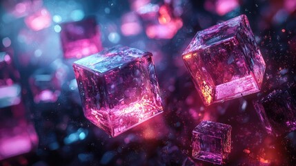 Multicolored translucent cubes in a dark space.