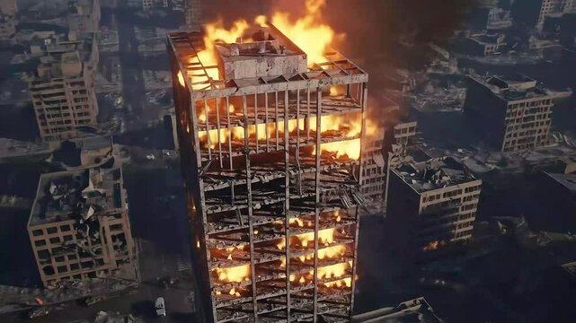 Apocalyptic Urban Disaster: Burning Skyscraper Amidst Ruined Cityscape - Destruction, Fire, and Chaos in a Post-War or Natural Disaster Scenario