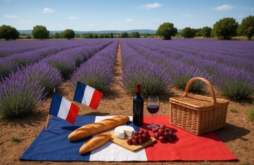 Bastille Day Picnic in Provence Lavender Field with French Food, Flags, and Wine, AI Generated Photo