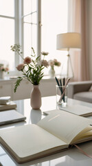 white scandinavian office desk flatlay with journal and minimal stationery positioned close to wide daylight window interior design wallpaper background