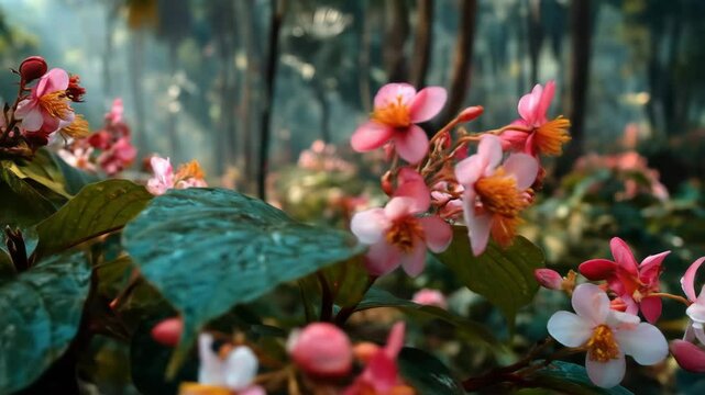 Pink flowers with misty forest dawn.