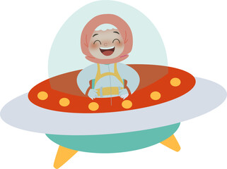 cartoon illustration of kids with UFO