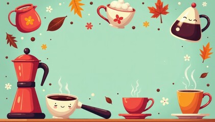 Stylish coffee loyalty card template featuring charming coffee equipment illustrations , cream, beige