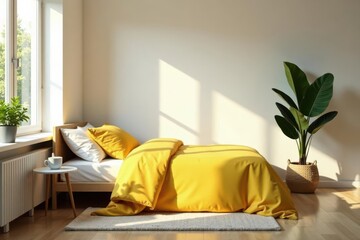 Sunlit yellow bed in minimalist Scandinavian bedroom with greenery , home decor, bright room