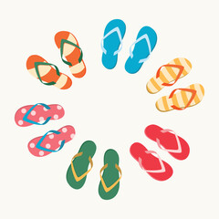 Flip Flops Circle with copy space. Set of summer Slippers.  
Vector illustration for design, card, party, sale.