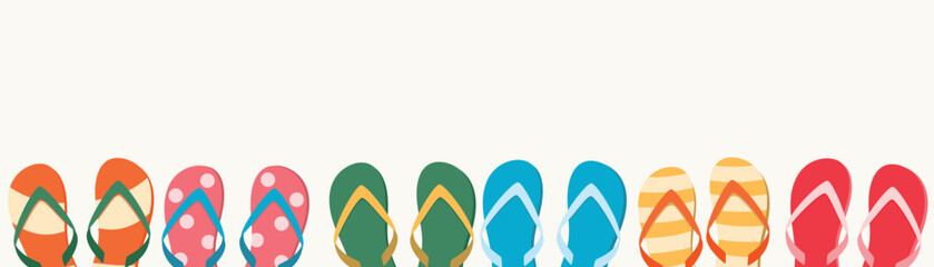 Colorful summer flip flops border banner. Slippers summertime set. Travel,vacation, rest concept.	