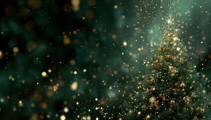Golden Christmas tree, bokeh, dark green background
