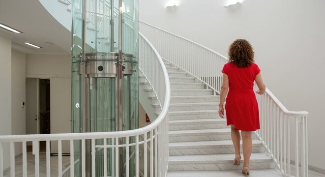Crimson dress ascends gleaming staircase bathed in light