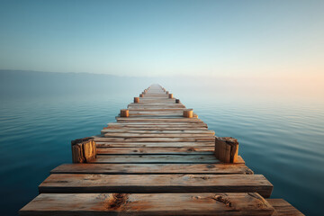 Fototapeta premium Minimal Wooden Pier Leading into Calm Foggy Ocean with Centered Vanishing Point