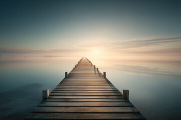 Fototapeta premium Minimal Wooden Pier Leading into Calm Foggy Ocean with Centered Vanishing Point
