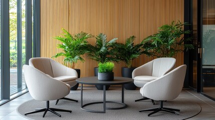 Contemporary seating area with plants and natural light, featuring textured armchairs and a round table.