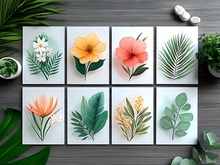 Floral art collection, multiple vibrant flowers and leaves