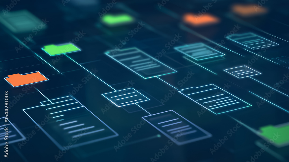 Aufkleber data flow: a futuristic digital illustration showcases a network of interconnected documents and fol