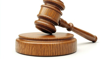 Wooden Judge's Gavel on White Background, Symbolizing Law, Justice, and Judicial Authority