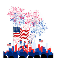 USA Independence Day 2025 Celebration &ndash; Fireworks and Flags Over Urban Skyline 