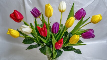Naklejka premium Vibrant bouquet of tulips in clear vase with vivid red, sunny yellow, soft white, deep purple hues, tall green stems, broad pointed leaves, various bloom stages, elegant light background.