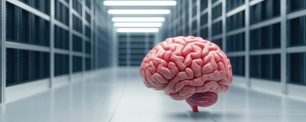  detailed 3D brain model floats in a futuristic, symmetrical corridor lined with server racks or data storage units.
