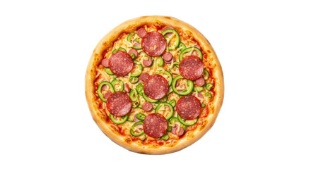 Pepperoni and Green Bell Pepper Pizza on White Background