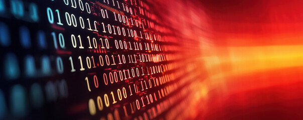 Close-up of binary code with glowing red and orange light effects illustrating data flow and digital technology.