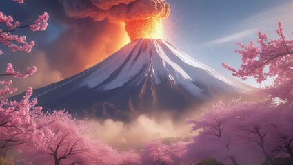 The volcano is erupting and there are pink cherry trees