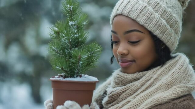 Portrait of a beautiful young black girl holding a small potted christmas tree in a snowy winter scene. Close up winter outdoor portrait of smiling black girl with pine tree sapling during snowfall.