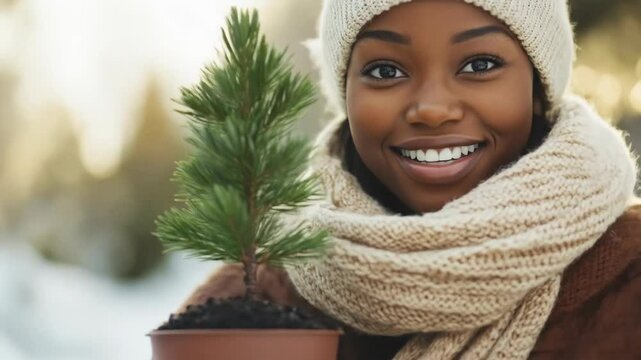 Cheerful young african american woman in a white hat holding a small potted christmas tree in the snow. Close up winter outdoor portrait of smiling black girl with pine tree sapling during snowfall.