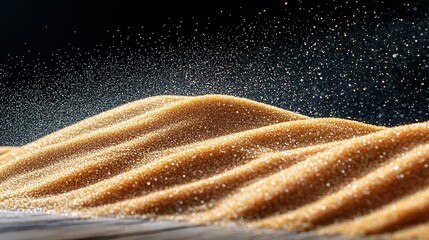 Golden Granulated Sugar Piled Like Sand Dunes with Particles Splashing on a Dark Background, Showing Dynamics and Gourmet Texture for Cooking Ingredients and Food Photography Themes
