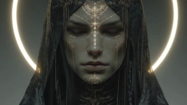 Serene hooded figure with glowing halo.