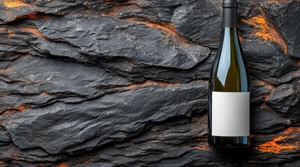 Green Wine Bottle with Blank Label Against Black Rock Wall with Orange Textures, Presenting a Rugged and High - end Wine - Tasting Atmosphere for Winery Display and Rock Aesthetics Themes