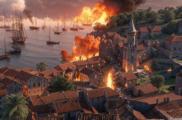 historic battle of 1700s or 1800s between tall sailing ships and historic Mediterranean port city