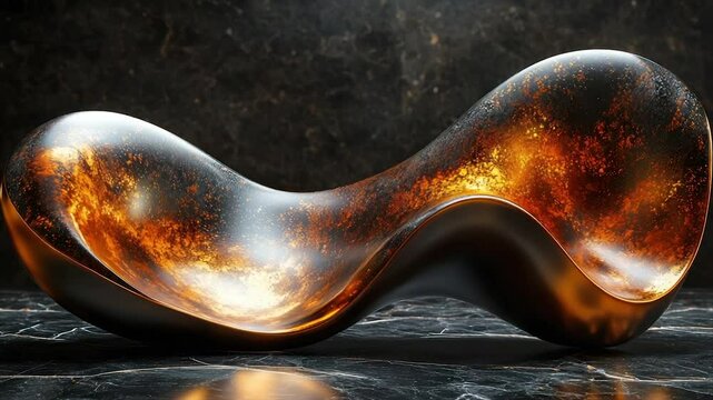 Molten-gold-infused, dark-hued, abstract sculpture resembling a sinuous seat