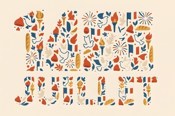 14 Juillet Bastille Day Illustration with French Symbols Phrygian Cap Torch Flag Dove Baguette Fireworks Vector Style AI Generated