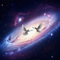 Silhouette of doves flying into glowing galaxy sky
