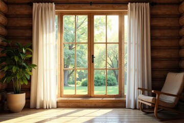 Sunlight streams through large wooden window, white linen curtain, log wall decor , room, Scandinavian, linen