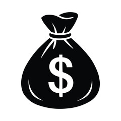 Monochromatic Money Bag Icon Illustrating Wealth and Financial Resources with a Prominent Dollar Sign Against a Stark White Backdrop