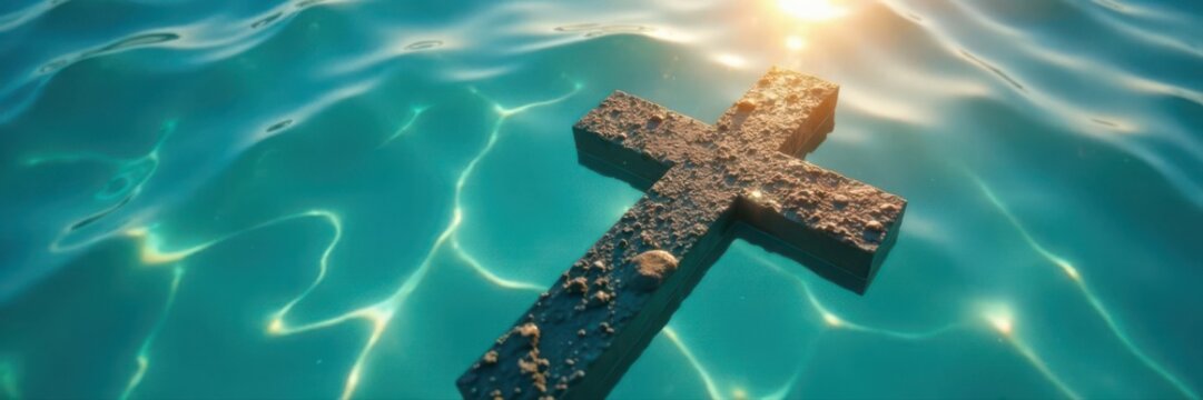 Submerged cross in clear water, sunlight reflecting , minimalist, serenity