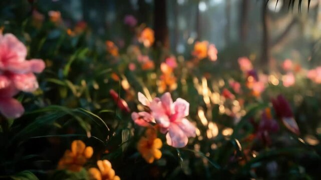 Sunlit Flowers with Lush Forest.