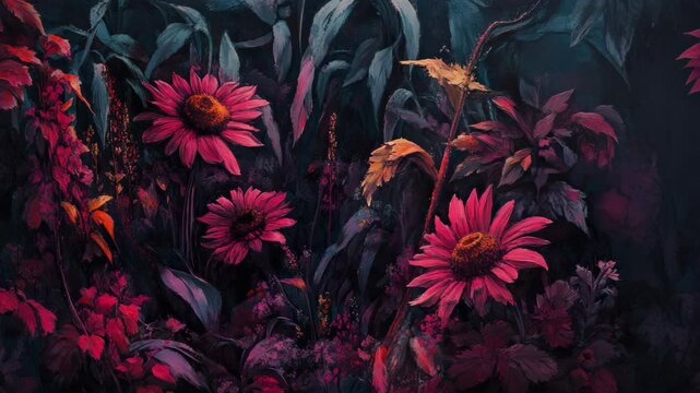 A painting of a bunch of flowers in a field