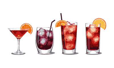 Modern vector illustration of artistic cocktail drinks glasses arranged in a single horizontal row,  each in a distinct glass style, arranged in a horizontal sequence. Use crisp, easily editable.