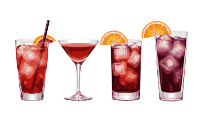Modern vector illustration of artistic cocktail drinks glasses arranged in a single horizontal row,  each in a distinct glass style, arranged in a horizontal sequence. Use crisp, easily editable.