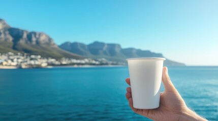 Obraz premium A hand holds a white disposable coffee cup against a backdrop of a coastal landscape. Ocean, mountains, and sky