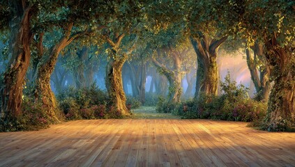 Obraz premium Enchanted forest, sunlit wooden floor