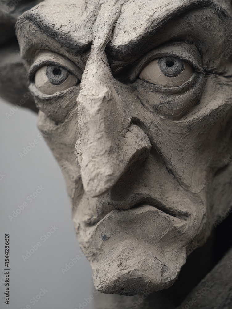 Poster Blended Dual Expressions Showcased on a Meticulously Crafted 3D Clay Face With Intricate Detailing and Artistic Depth