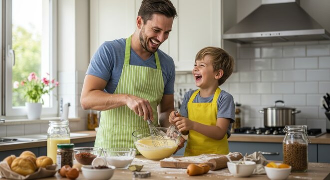 Dad and son baking joyfully in kitchen